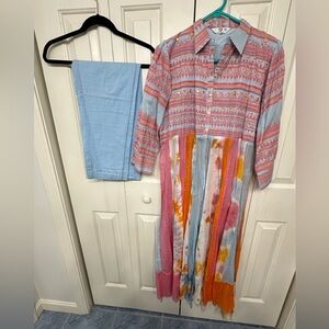Colorful Patterned Dress with Light Blue Pants, 100% cotton.